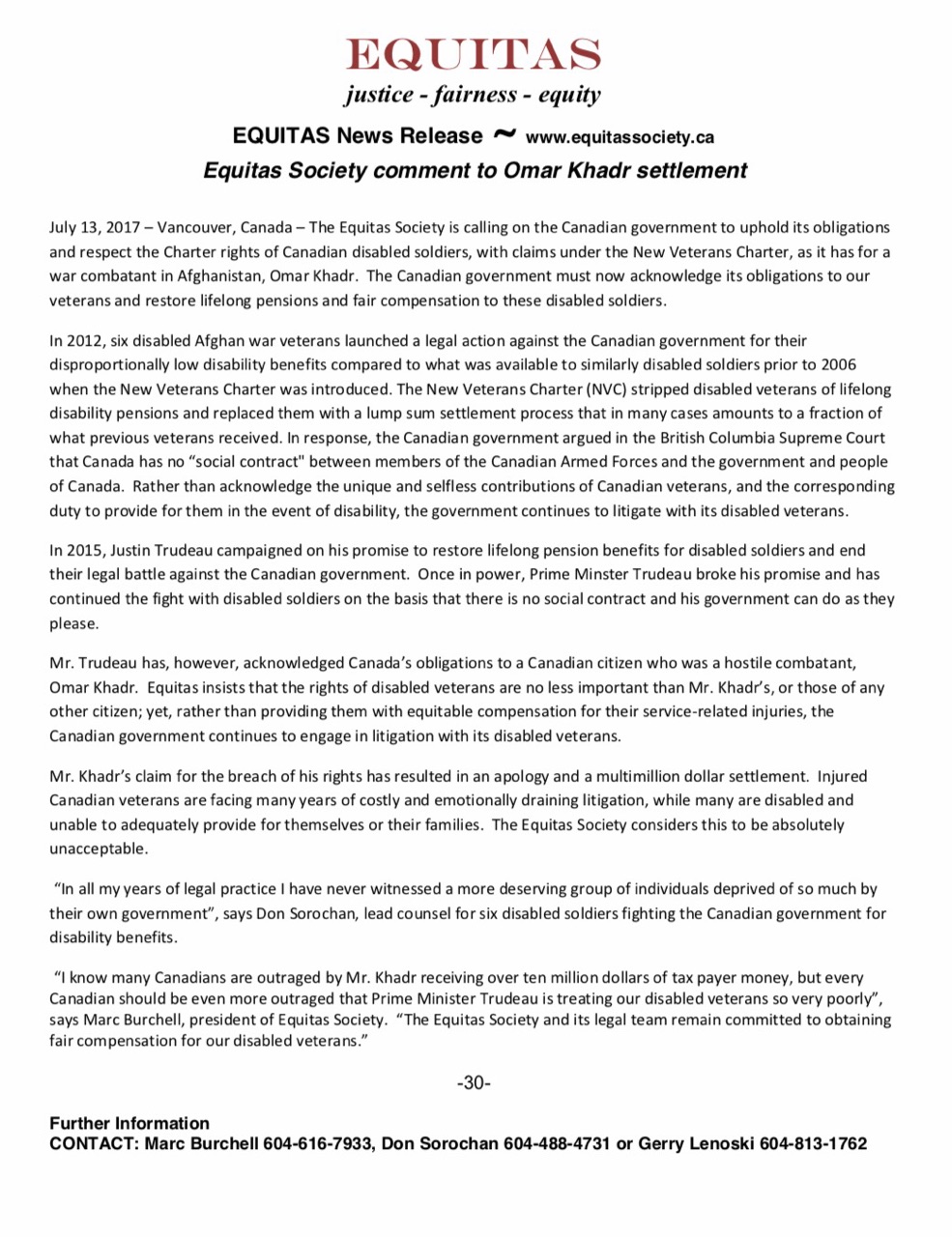 Equitas Society Omar Khadr Payment