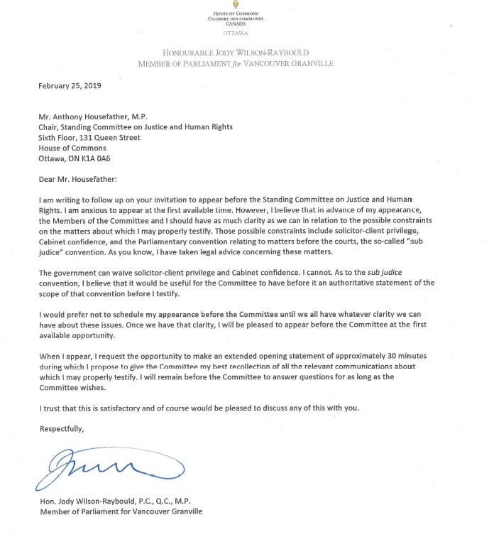 Jody Wilson-Raybould Letter Justice Committee