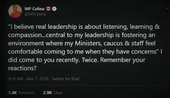 Celina Trudeau Hypocrite Tweet