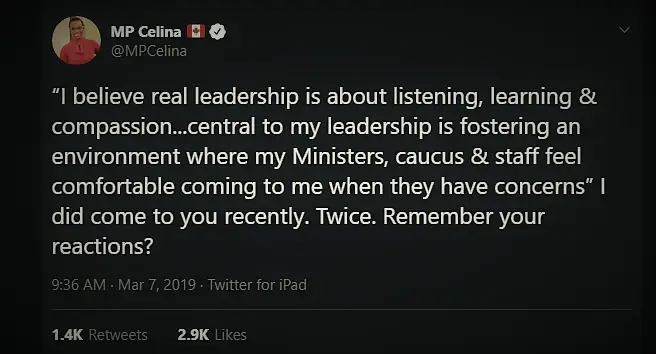 Celina Trudeau Hypocrite Tweet